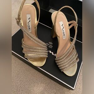 NINA Womens Shaya 2 Strappy Rhinestone Block Heels Gold size 5 (4 inch heel)